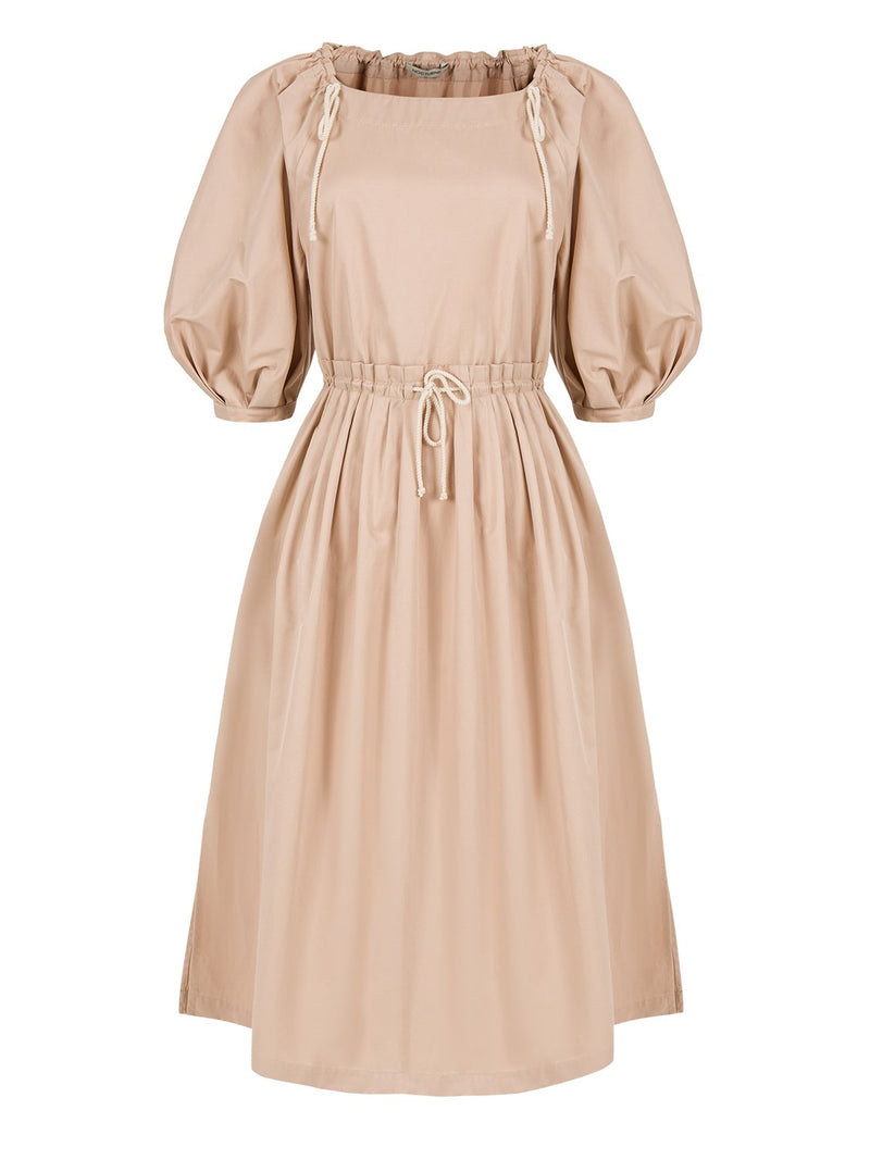 Nocturne 3/4 Balloon Sleeve A-Line Midi Dress Beige