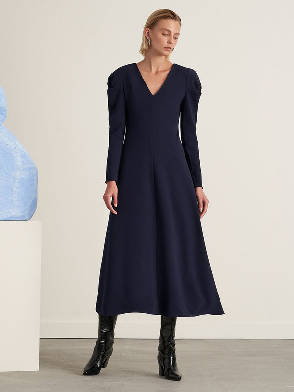 Nocturne Long Sleeve A-Line Midi Dress Navy Blue