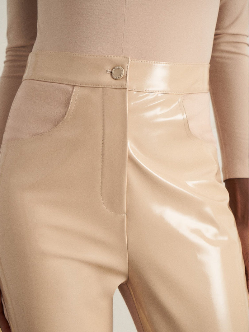 Nocturne Patent Leather Slim Fit Trouser Beige