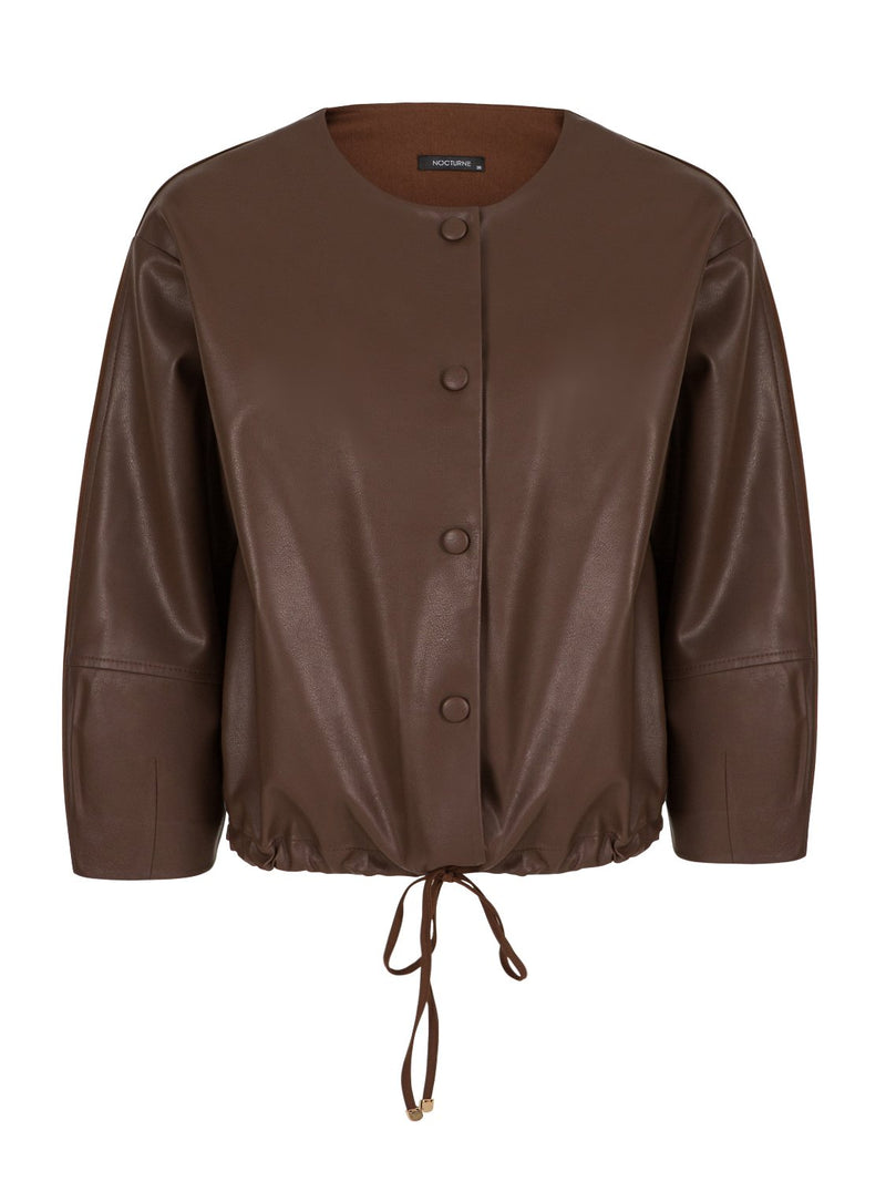 Nocturne Long Sleeve Leather Short Jacket Dark Brown