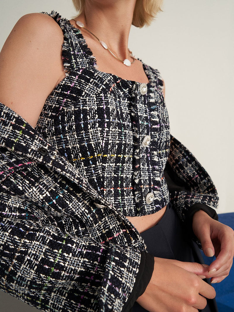 Nocturne Tweed Crystal Button Detail Crop Top Varyant