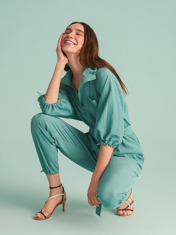 Nocturne Stand-Up Collar Belted Jumpsuit Green