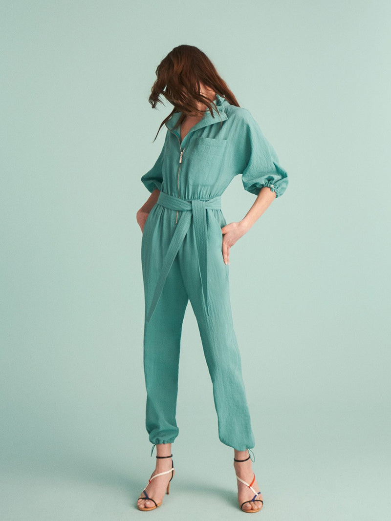 Nocturne Stand-Up Collar Belted Jumpsuit Green