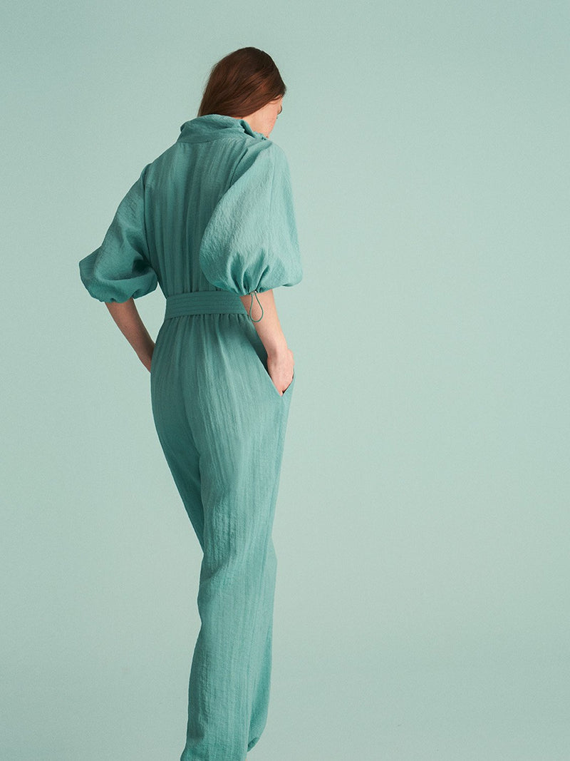 Nocturne Stand-Up Collar Belted Jumpsuit Green