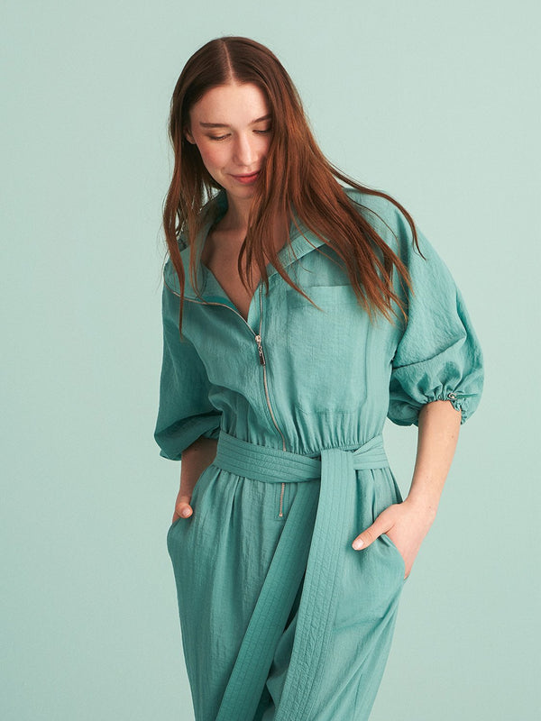 Nocturne Stand-Up Collar Belted Jumpsuit Green