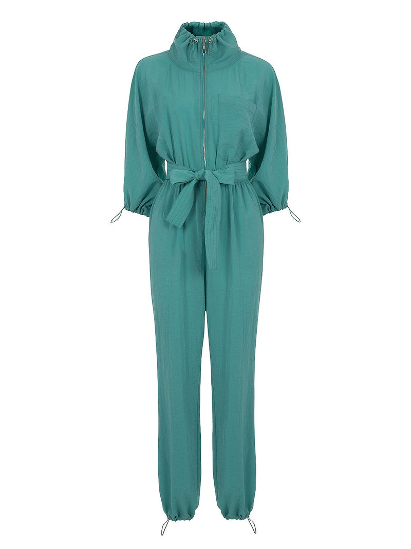 Nocturne Stand-Up Collar Belted Jumpsuit Green