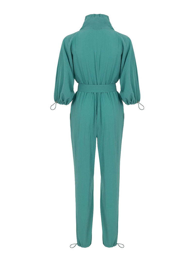 Nocturne Stand-Up Collar Belted Jumpsuit Green