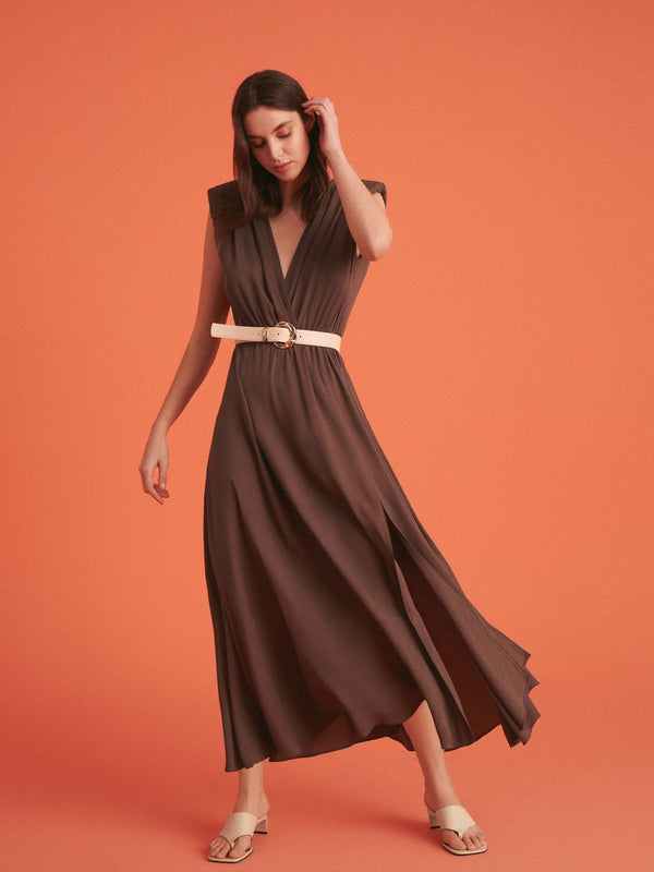 Nocturne Slit Midi Dress Brown