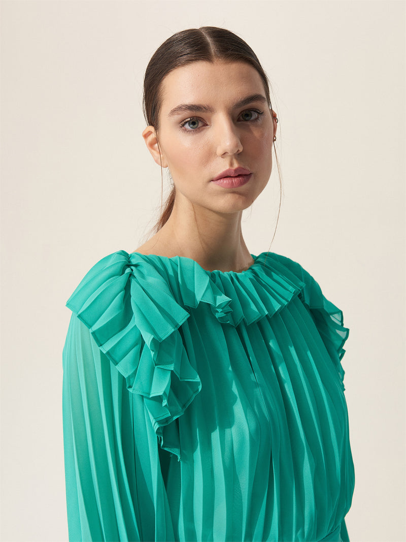 Baqa Ruffle Detail Pleated Dress Green