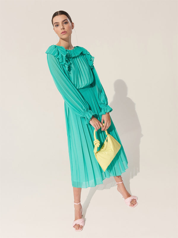 Baqa Ruffle Detail Pleated Dress Green