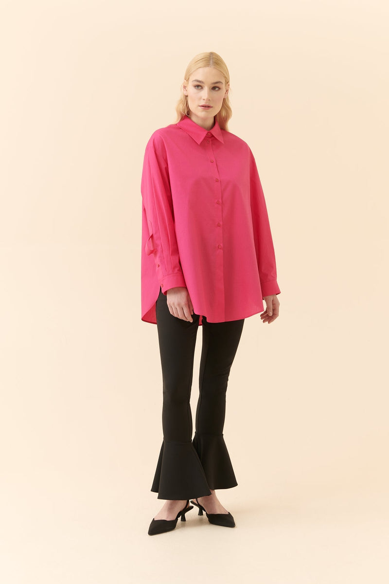 Roman Solid Cuff-Tied Poplin Shirt Fuchsia