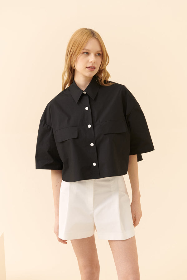 Roman Short Sleeves Crop Shirt Black