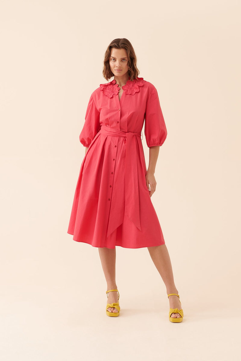 Roman Three Quarter Belted Shirt Dress Fuchsia