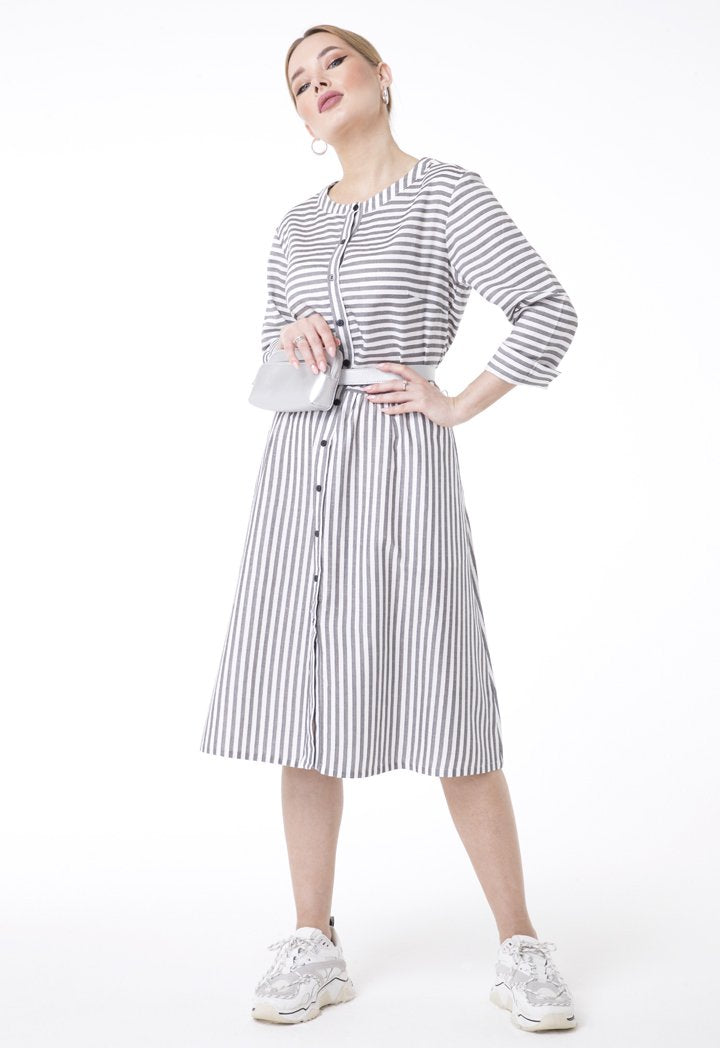 UNQ Striped Long Sleeve A-Line Midi Dress GREY