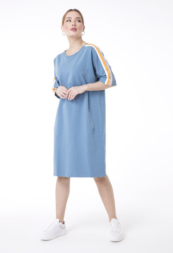 UNQ Striped Shoulder Short Sleeve Shift Midi Dress BLUE