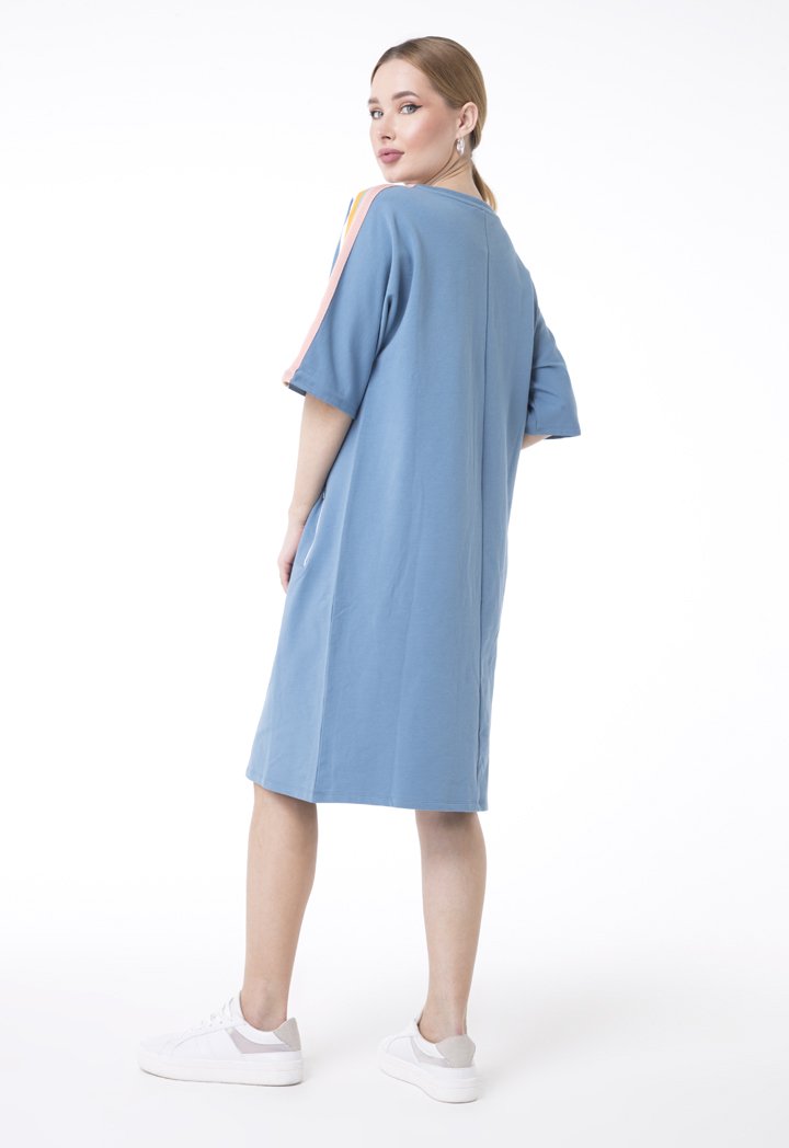 UNQ Striped Shoulder Short Sleeve Shift Midi Dress BLUE