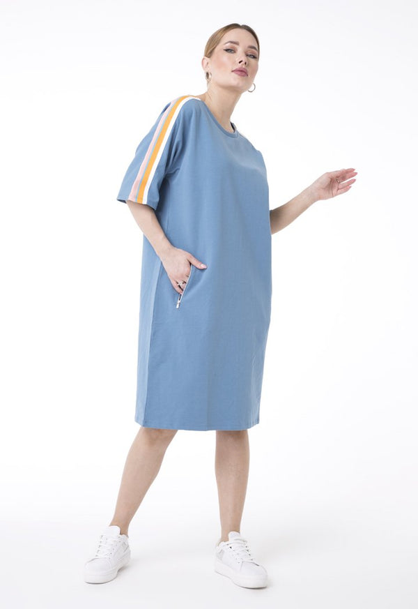 UNQ Striped Shoulder Short Sleeve Shift Midi Dress BLUE