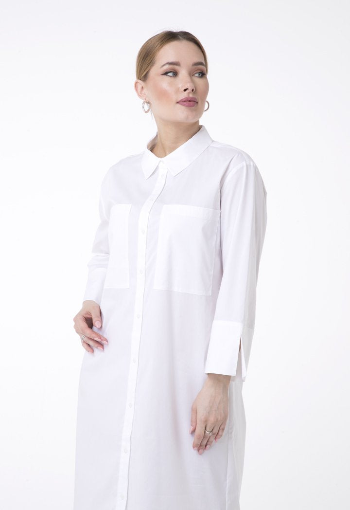 UNQ Long Sleeve Shift Midi Shirt Dress WHITE