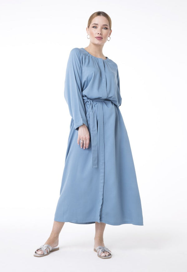 UNQ Long Sleeve Belted A-Line Midi Dress BLUE