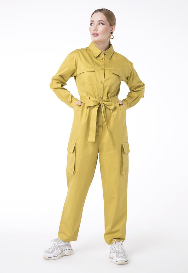 UNQ Long Sleeve Belted Cargo Jumpsuit LIME