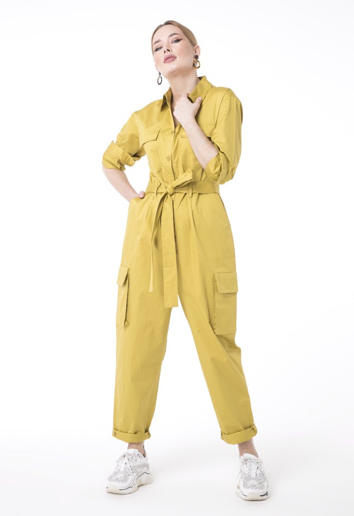 UNQ Long Sleeve Belted Cargo Jumpsuit LIME