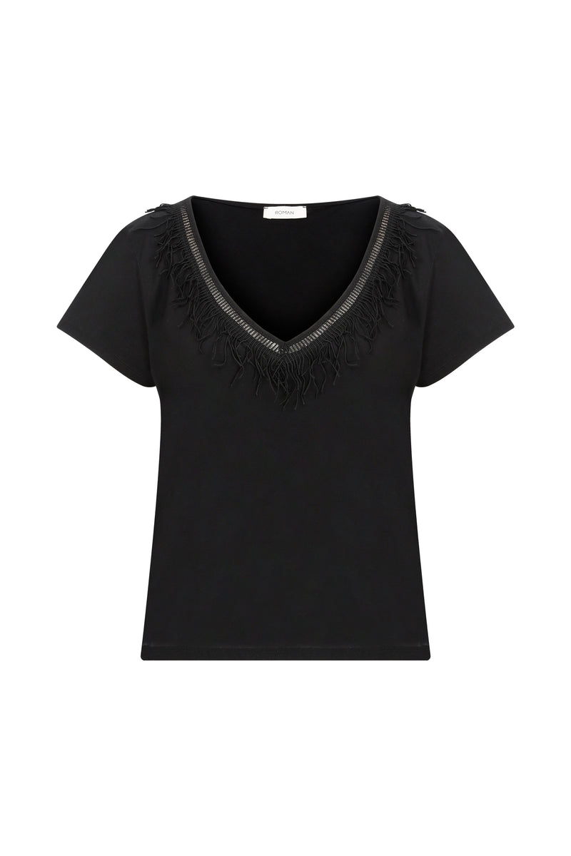 Roman Fringed Detailed T-Shirt Black