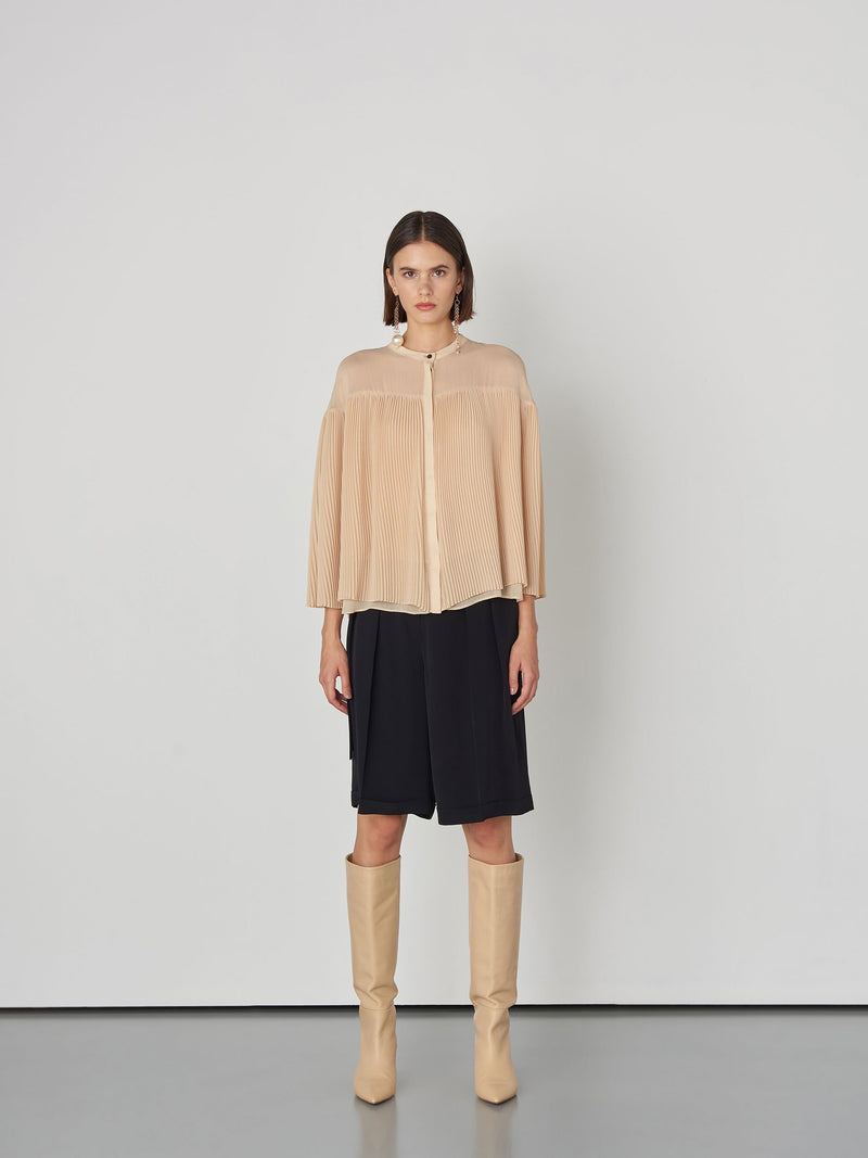 Baqa Long Sleeve Pleated Blouse Beige