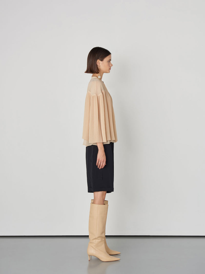 Baqa Long Sleeve Pleated Blouse Beige