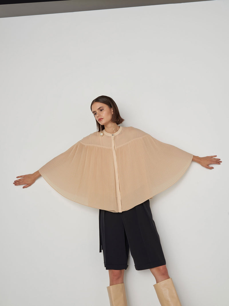 Baqa Long Sleeve Pleated Blouse Beige