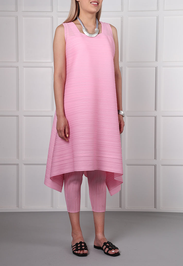 Choice Horizontal Pleated Pattern Dress Pink