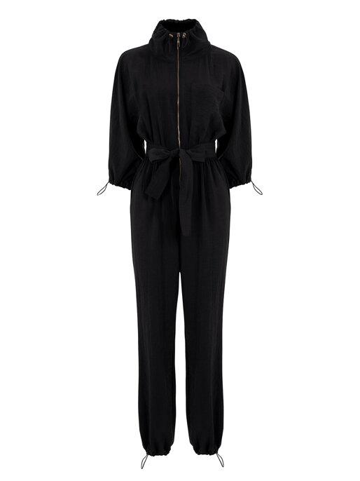 Nocturne Stand-Up Collar Belted Jumpsuit Black