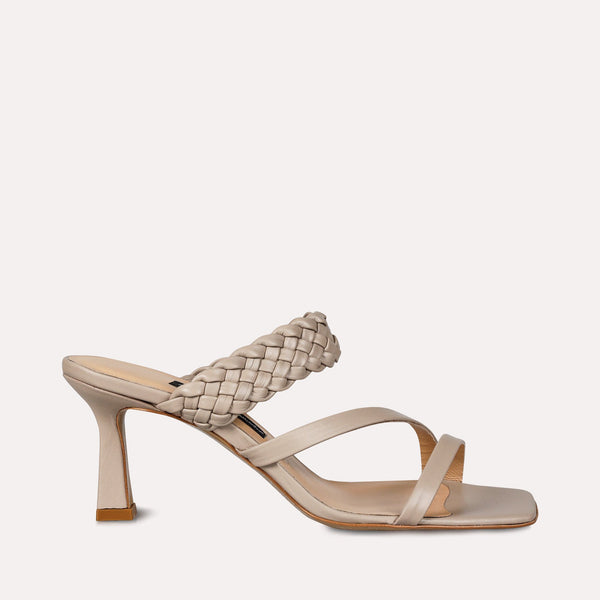 Neslihan Canpolat Leather Braided Textured Heeled Slippers Taupe
