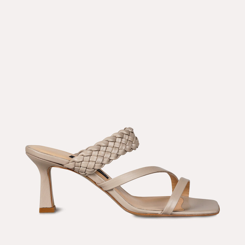 Neslihan Canpolat Leather Braided Textured Heeled Slippers Taupe