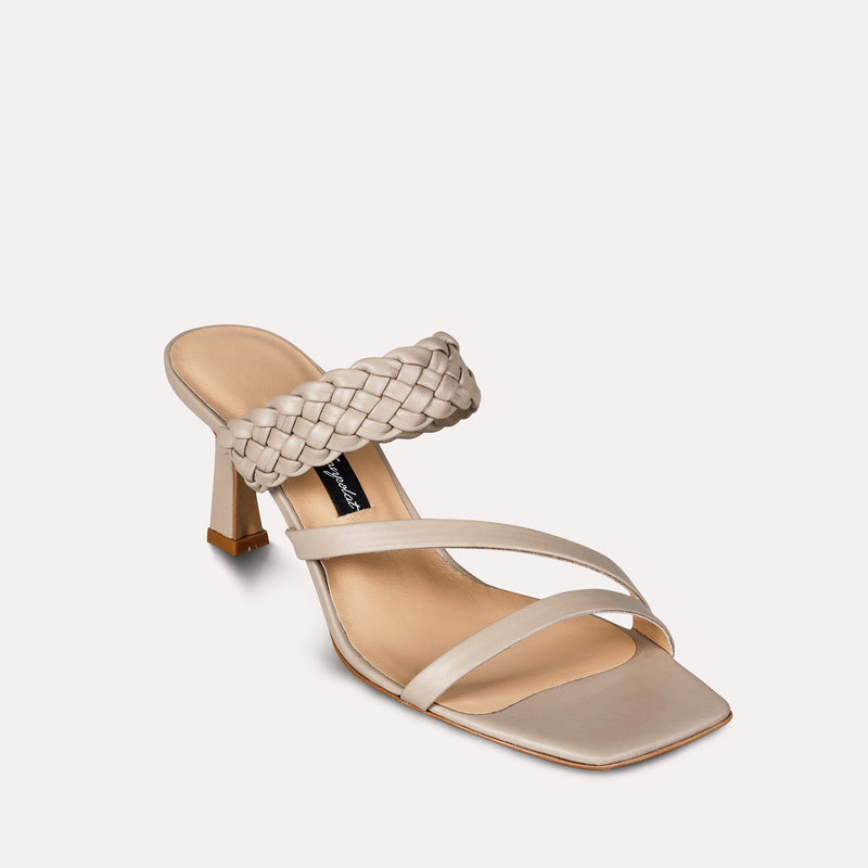 Neslihan Canpolat Leather Braided Textured Heeled Slippers Taupe