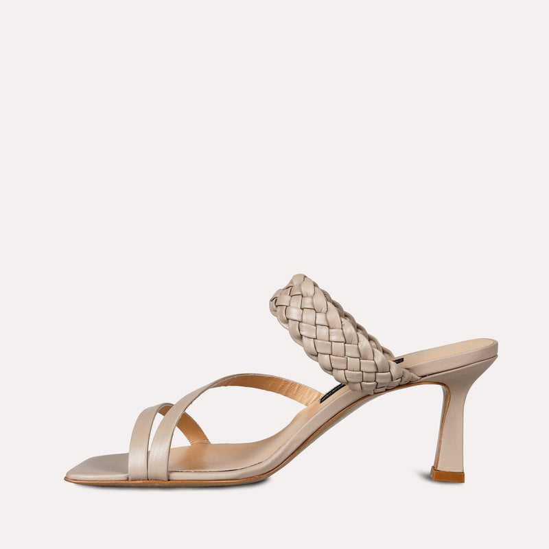 Neslihan Canpolat Leather Braided Textured Heeled Slippers Taupe