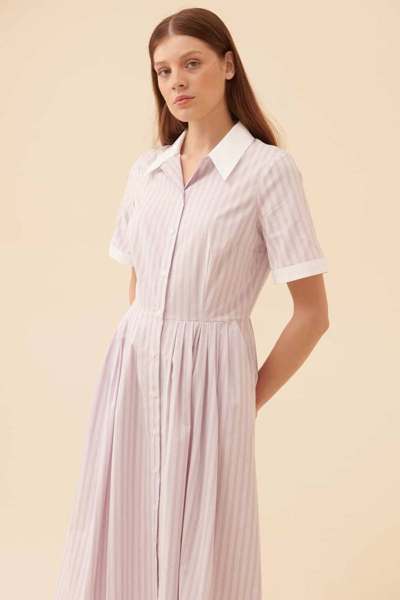 Roman Striped Short Sleeves Shirt Dress Lilac